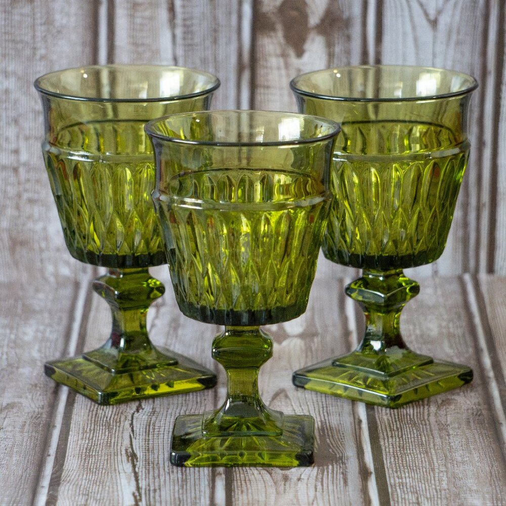 Vintage Indiana Glass Avocado Green Goblets - Set of 3, 1970s, Mid Century
